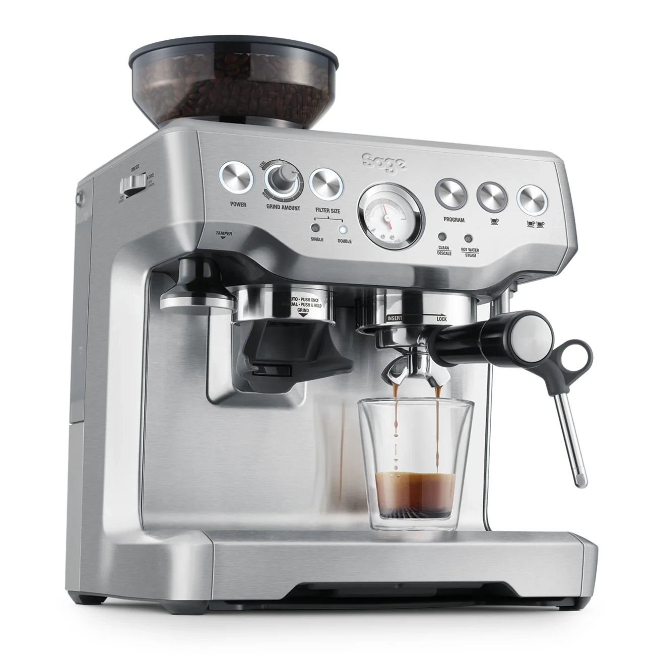 Sage the Barista Express avec pichet thermique, vue 2. Photo officielle Sage.
